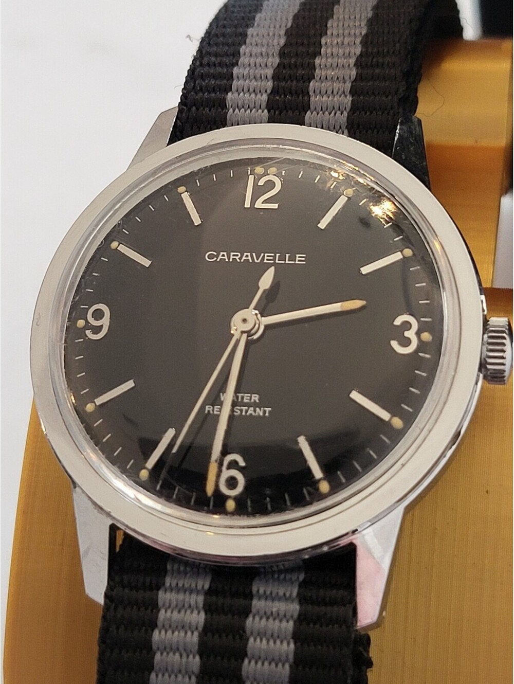 Vtg 1974 Caravelle Manual Wind Black Dial Silver Working Great EUC NewBand 33mm